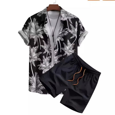 Conjunto de Camisa Hawaiana Hombre a Rayas Blanco y Negro - Image 2