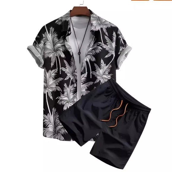 Conjunto de Camisa Hawaiana Hombre a Rayas Blanco y Negro