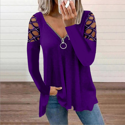 Blusa Casual para Mujer con Escote V y Mangas Caladas con Cristales