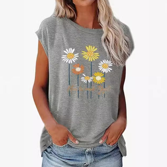 Blusa Floral Estampada 3D con Efecto Algodón - Manga Corta Multicolor