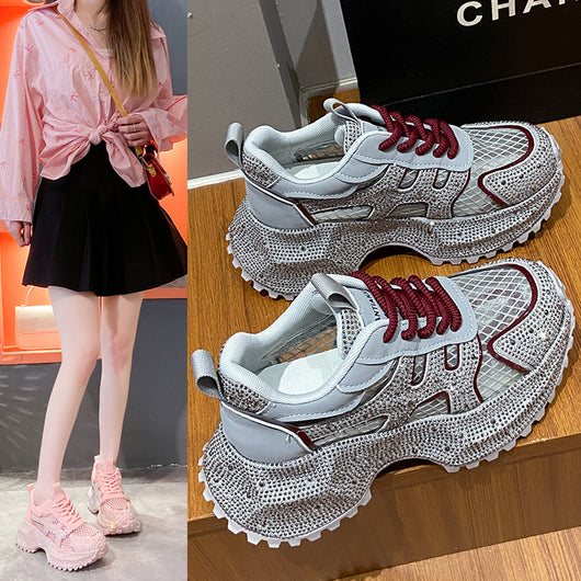 Zapatillas Deportivas Plataforma Gruesa para Mujer con Brillo y Cristales - Amarillo Claro - Image 21