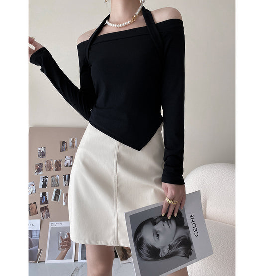 Blusa Otoñal de Manga Larga con Cuello Halter y Suéter Tejido en Hombros - Image 8