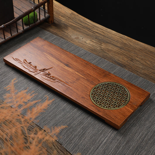 Bandeja de Té Retro de Madera Maciza con Abanico Decorativo - Image 5