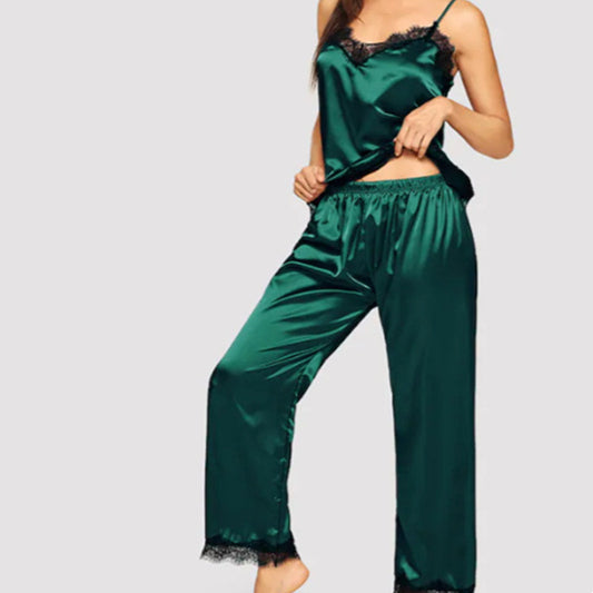 Pijama Largo de Seda Simulada para Verano - Conjunto de Dos Piezas