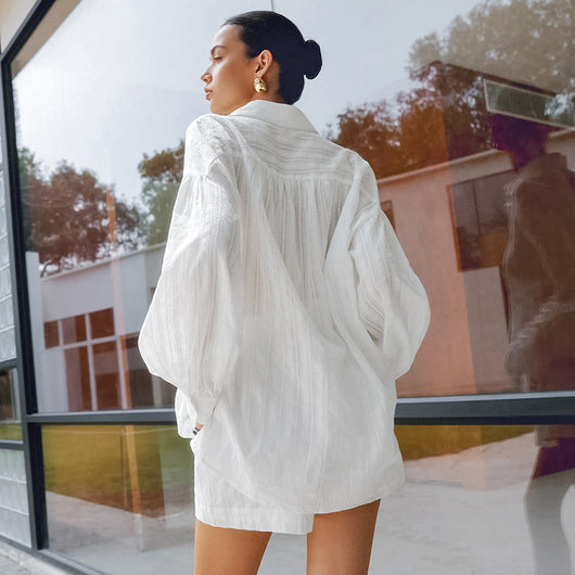 Conjunto de Blusa y Short Jacquard a Rayas Blancas para Mujer - Image 4