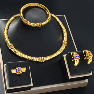 Conjunto de Joyas con Diamantes Estilo Chino: Anillo, Pulsera, Collar y Aretes