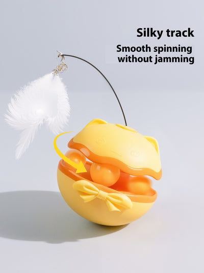 Lemon yellow electric cat toy tumbler with a white feather teaser and two teal worm-like replacement heads. - Image 11