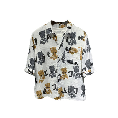 Camisa Lino Hombre Manga Corta Estampado Oso Retro Japonés Diseño Oversized - Image 8