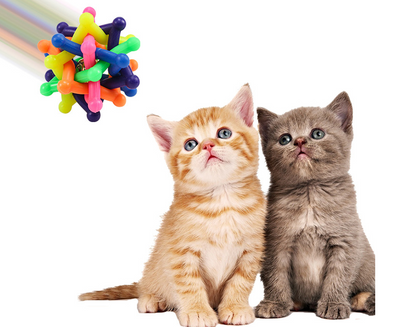 Colorful rainbow pet chew toy ball made of soft rubber with an interlocking design and an internal bell.