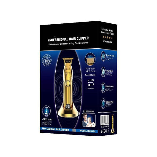 Gold electric hair clipper set with charging base, LCD display, four guide combs, cleaning brush, oil, and USB cable. - Image 4