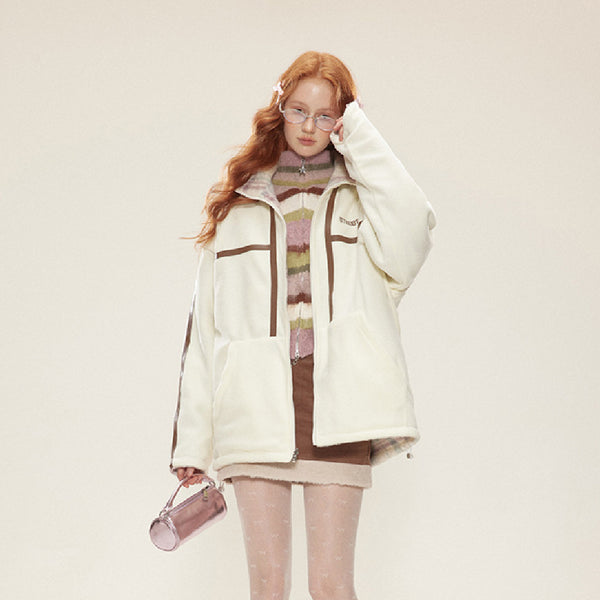Abrigo de Lana Cordero Vintage Cuadros Reversible Doble Cara Invierno Mujer