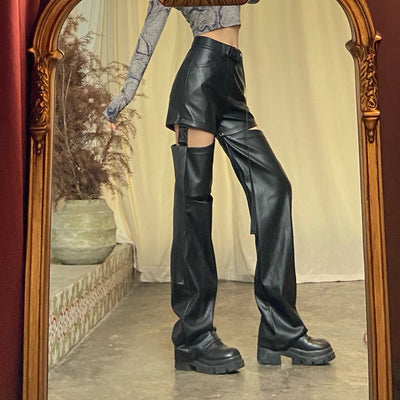 Pantalones de Cuero Talle Alto Rectos con Detalles Perforados Desmontables - Image 14
