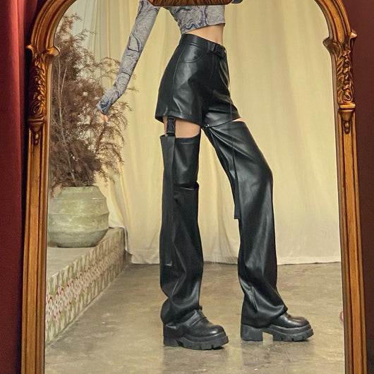 Pantalones de Cuero Talle Alto Rectos con Detalles Perforados Desmontables - Image 14
