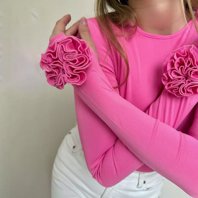 Blusa Floral 3D Cuello Redondo Manga Larga Ajustada - Image 23