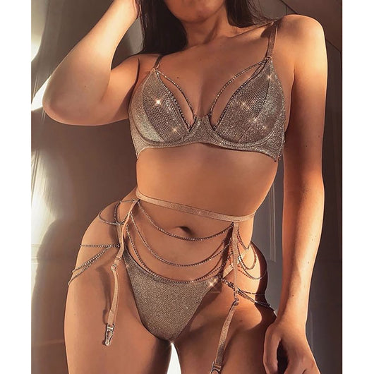 Silver rhinestone mesh bandeau bikini set with matching garter belt, displayed on a clear mannequin. - Image 6