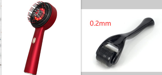 Black electric massage comb with red light therapy, black bristles, and a purple power button on a white background. - Image 11