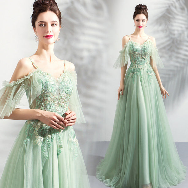 Vestido de Fiesta Menta Hombro Descubierto para Boda y Eventos Especiales - Image 4