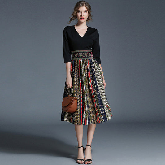 Vestido Retro de Cintura Alta con Bloques de Color y Detalles Bordados