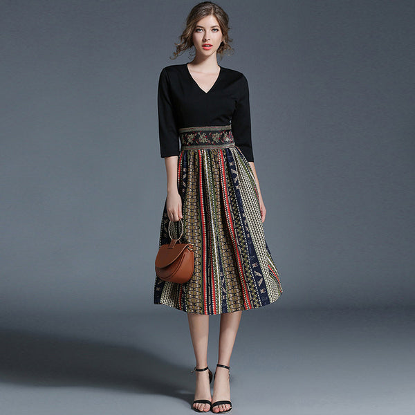 Vestido Retro de Cintura Alta con Bloques de Color y Detalles Bordados