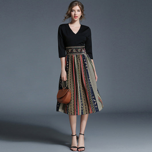 Vestido Retro de Cintura Alta con Bloques de Color y Detalles Bordados