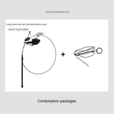 Red plush bird cat toy on a long steel wire stick with an elastic rope, designed for interactive pet play. - Image 10