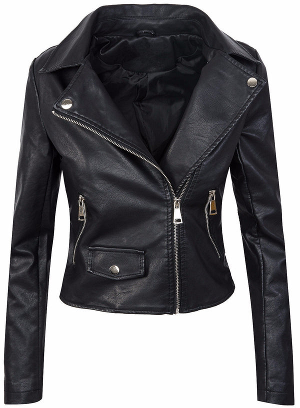 Chaqueta de Cuero PU Corta Ajustada con Cierre para Mujer - Abrigo Elegante Otoño Invierno