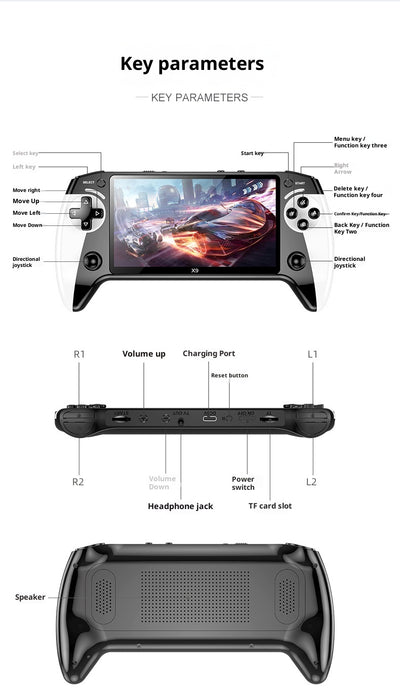 Black and white X9 portable handheld gaming console with a large screen displaying a racing game. - Image 12