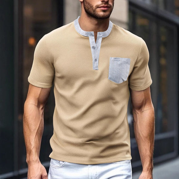 Henley de Punto Waffle Bloques de Color - Poliéster Resistente
