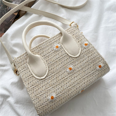 Bolsa Tejida Estilo Occidental Bandolera Cuadrada Pequeña con Margaritas - Image 10