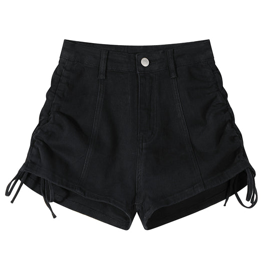 Shorts Denim Cintura Alta con Cordón y Pierna Ancha