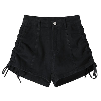 Shorts Denim Cintura Alta con Cordón y Pierna Ancha