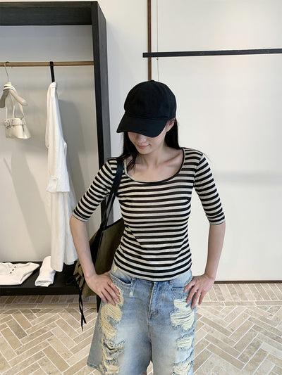 Blusa Rayada Cuello U Manga Media Elástica para Mujer - Image 8