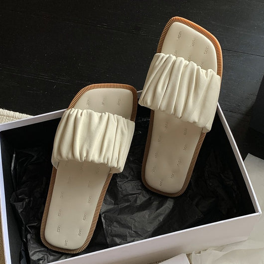 Sandalias de Tacon Plano con Punta Cuadrada Albaricoque