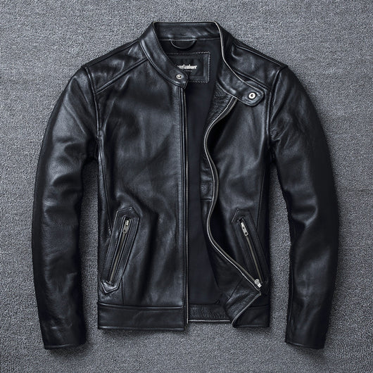 Chaqueta de Cuero Genuino Estilo Retro con Cuello Mao para Hombre - Image 11