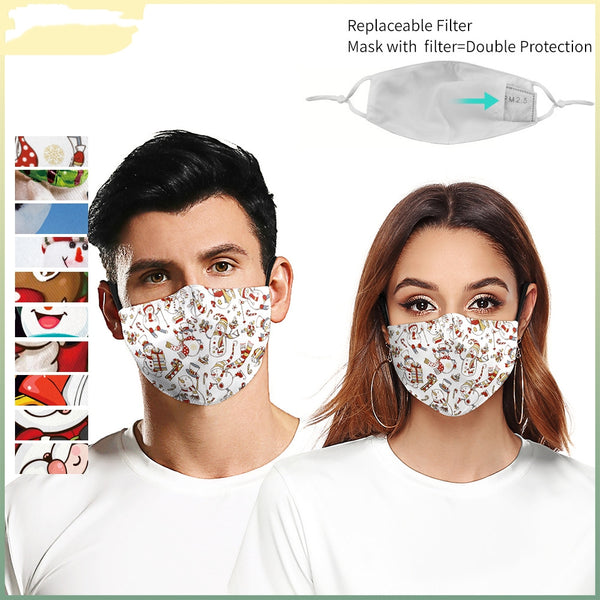 Black dustproof face mask with a digital print of Santa Claus and two reindeer in a snowy forest scene.