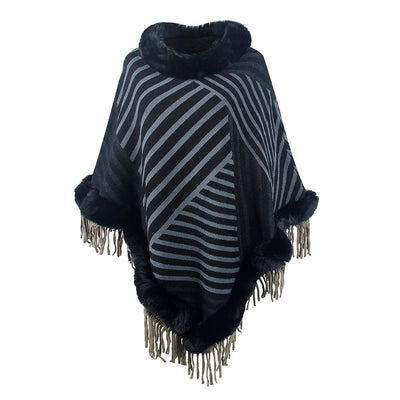 Poncho Tejido con Cuello de Piel y Borlas para Mujer - Image 4