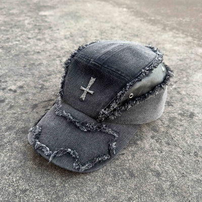 Gorra de Béisbol Denim Patchwork Desgastado con Cuero Lavado