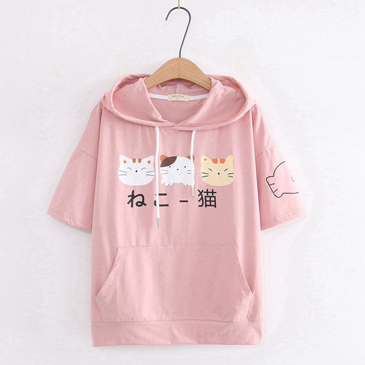 Camiseta Corta con Capucha para Niña - Diseño Gato Cartoon - Image 2