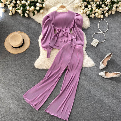 Conjunto Elegante: Blusa de Gasa con Mangas Abullonadas y Pantalón Ancho - Image 3