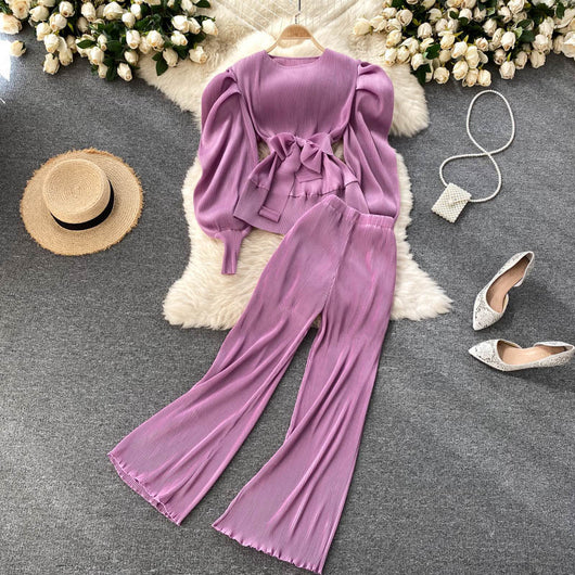 Conjunto Elegante: Blusa de Gasa con Mangas Abullonadas y Pantalón Ancho - Image 3