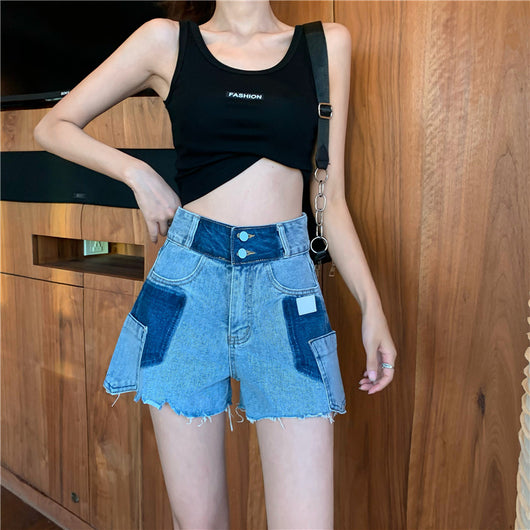 Shorts de Mezclilla Cintura Alta Borde Crudo Contraste Pierna Ancha