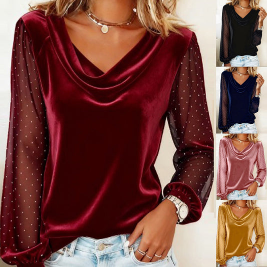 Blusa Terciopelo Manga Larga Cuello V Mujer - Diseño Malla Diamante Elegante Rojo Navidad