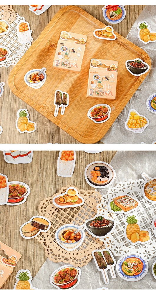 Box-packed set of 46 retro-style night market snack stickers, featuring illustrations of various foods and drinks. - Image 8