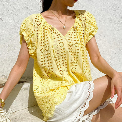 Blusa Bordada Estilo Vacacional Manga Corta Diseño Francés de Verano - Image 2