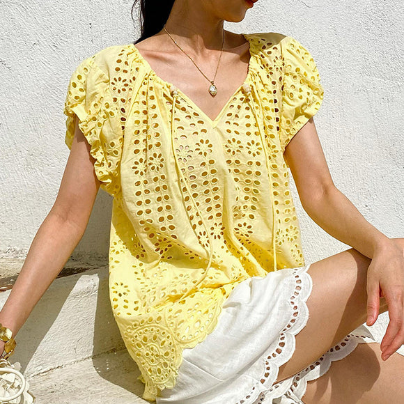 Blusa Bordada Estilo Vacacional Manga Corta Diseño Francés de Verano