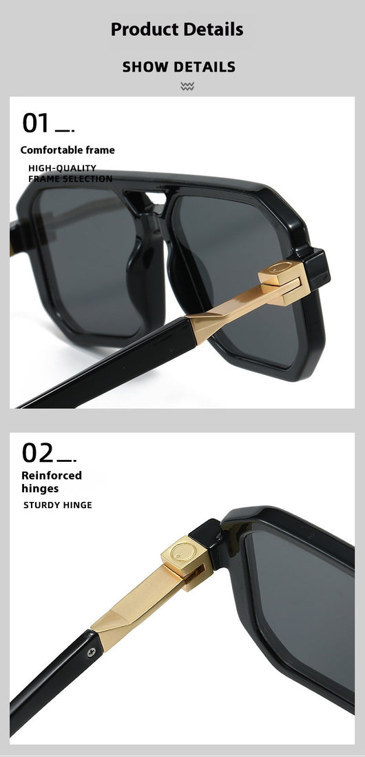Black octagonal sunglasses with dark gray lenses and gold-colored temple accents, suitable for fashion wear. - Image 11