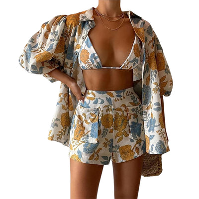 Conjunto de Tres Piezas: Chaleco, Blusa Estampada y Shorts para Mujer - Image 4