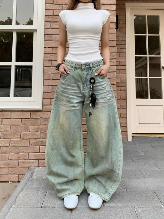 Pantalones Vaqueros Retro Mujer Cintura Alta Pierna Ancha Casual - Image 11