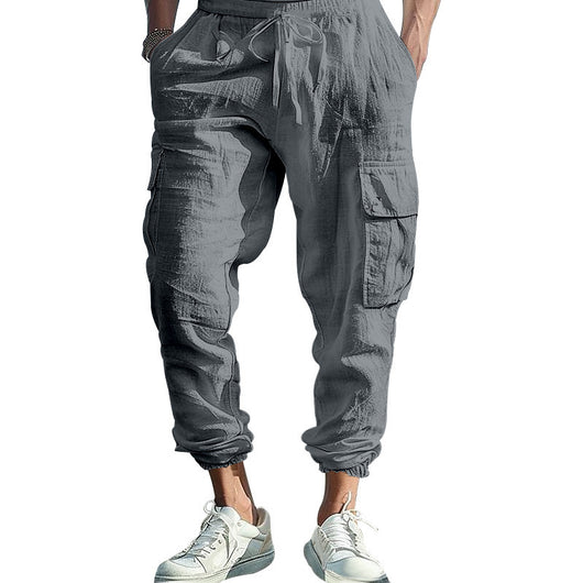 Pantalones Casuales de Algodón y Lino con Múltiples Bolsillos y Cordón Ajustable - Image 5