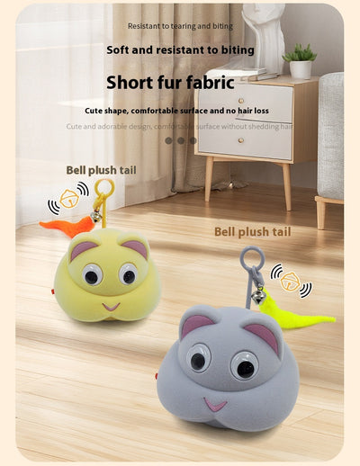 Gray pet toy shaped like a mouse or cat head with googly eyes, pink ears, and a yellow feather with a bell. - Image 13